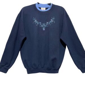Vintage 90s Embroidered Grandma Sweatshirt Large Top Stitch Floral Navy Blue